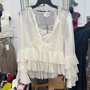 Cinq à Sept Sheer Cream Ruffle Blouse